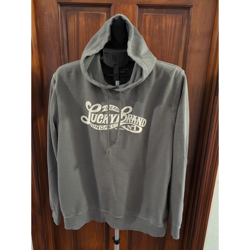 Vintage Lucky Brand Dungarees Hoodie Sweatshirt Graphic Gray XL Logo